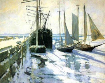 ジョン・ヘンリー・トワクトマン Painting - 冬のグロスター港 印象派の海景 ジョン・ヘンリー・トワクトマン